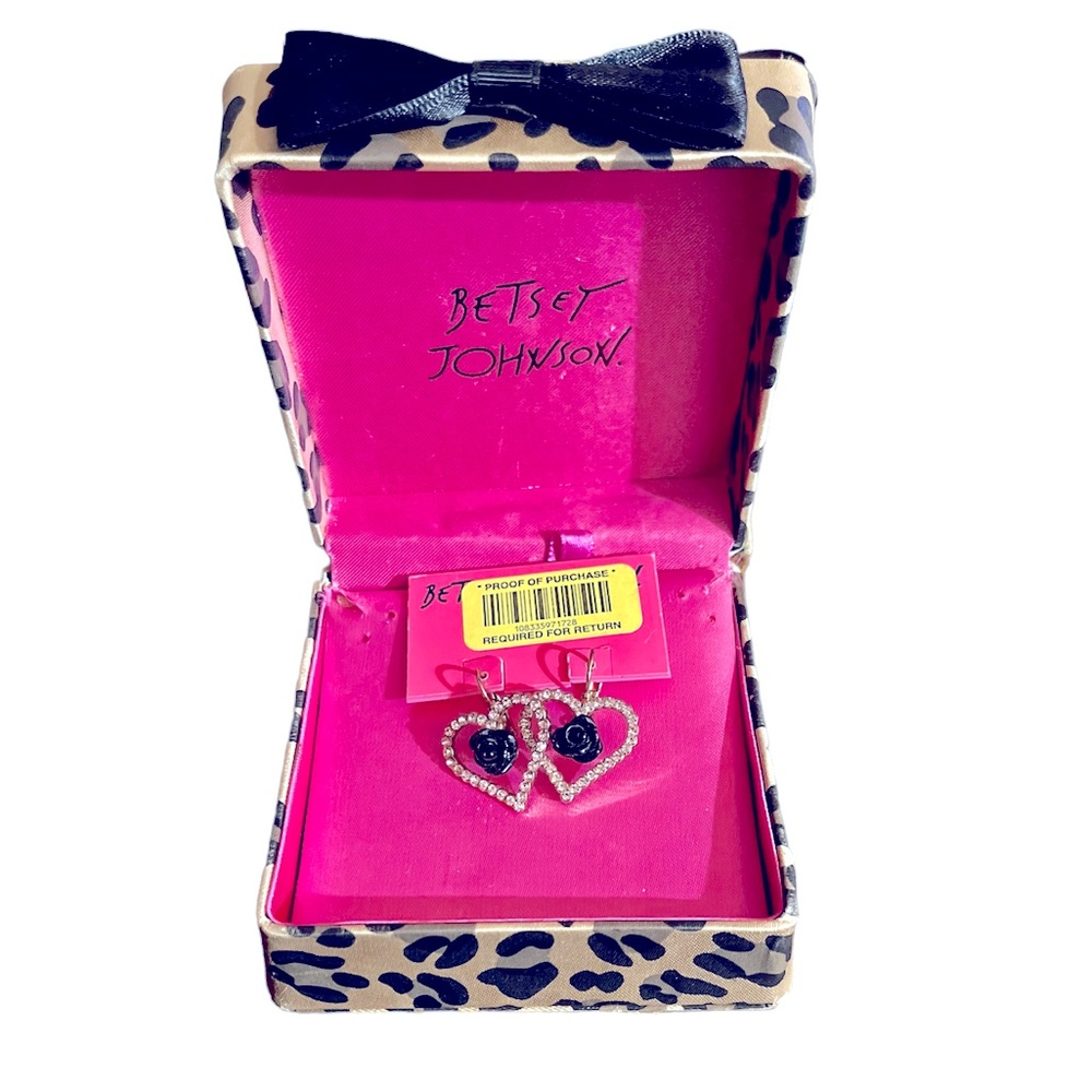 Betsy Johnson Rhinestone Earrings (Heart with Black Rose in the Middle)
